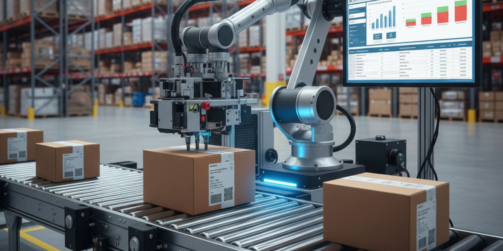 An automatic robotic arm system sticks labels on parcels that are transported on a conveyor belt through a logistics hall. In the background, shelves with stored goods can be seen. A screen shows a warehouse management system or software interface with data and diagrams. The image symbolizes the automation and efficiency of labeling in modern contract logistics and the use of technology in logistics properties